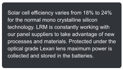 Solar cell efficiency varies from 18% to 24% for the normal mono crystalline silicon technology. LRM is constantly working with our panel suppliers to take advantage of new processes and materials. Protected under the optical grade Lexan lens maximum power is collected and stored in the batteries.