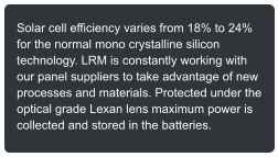 Solar cell efficiency varies from 18% to 24% for the normal mono crystalline silicon technology. LRM is constantly working with our panel suppliers to take advantage of new processes and materials. Protected under the optical grade Lexan lens maximum power is collected and stored in the batteries.
